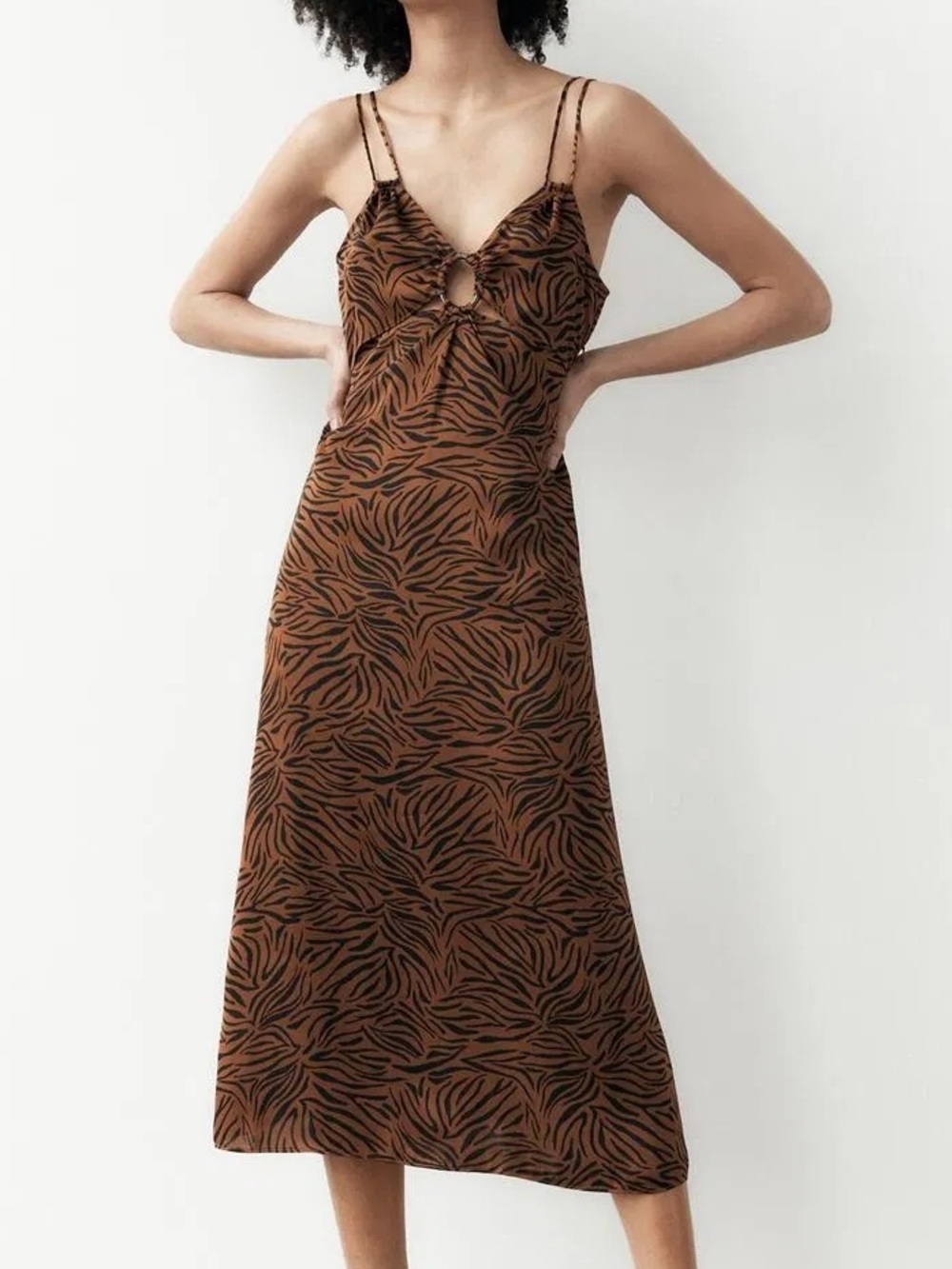 Zara Animal Print Tiger Satin Cut-Out Midi Dress